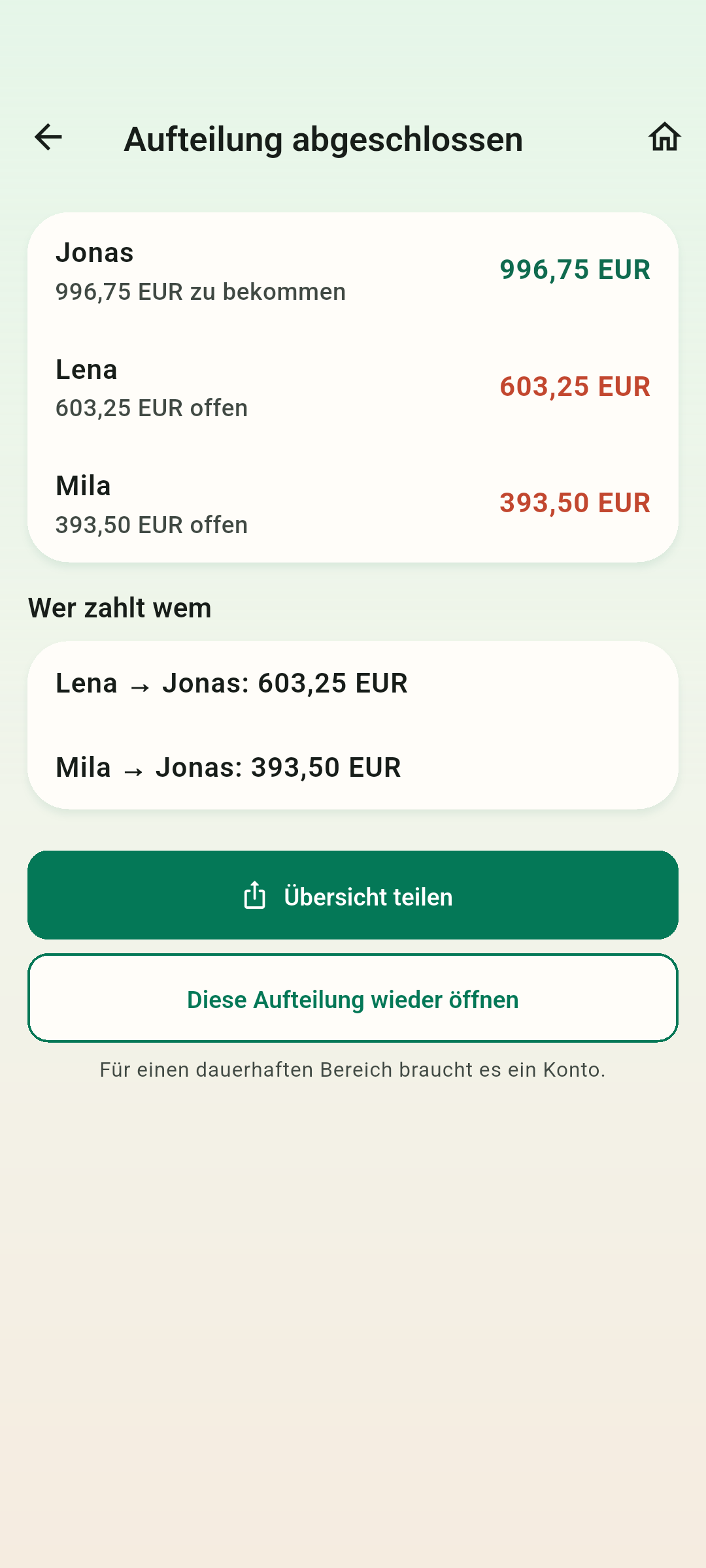 Schulden klar ausgleichen — Sharefold berechnet, wer wem wie viel zahlen sollte. Das Geld wird außerhalb der App überwiesen.