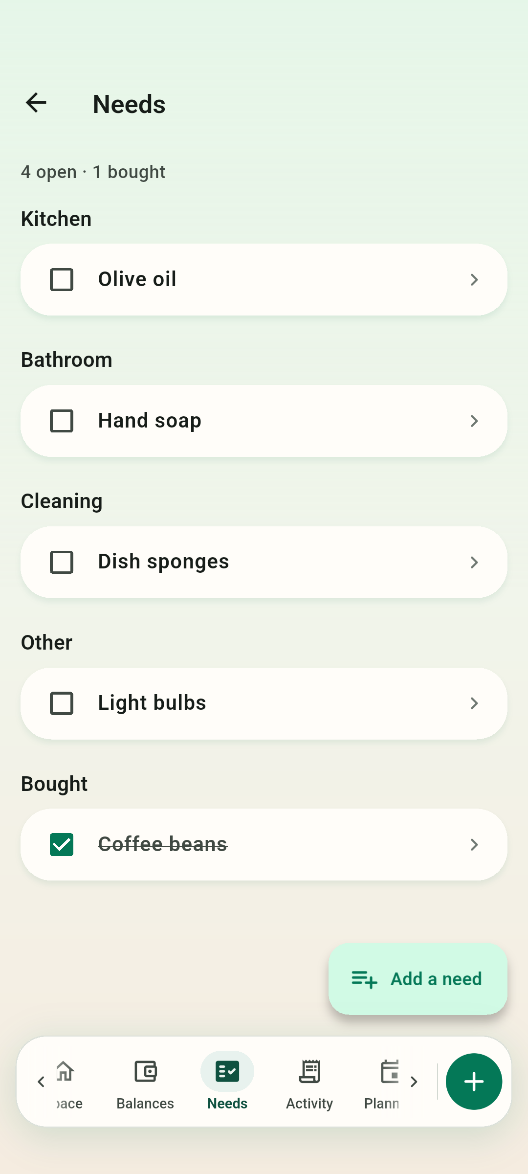 The shared list — Kitchen, bathroom, cleaning, other — whoever buys it ticks it off for everyone.