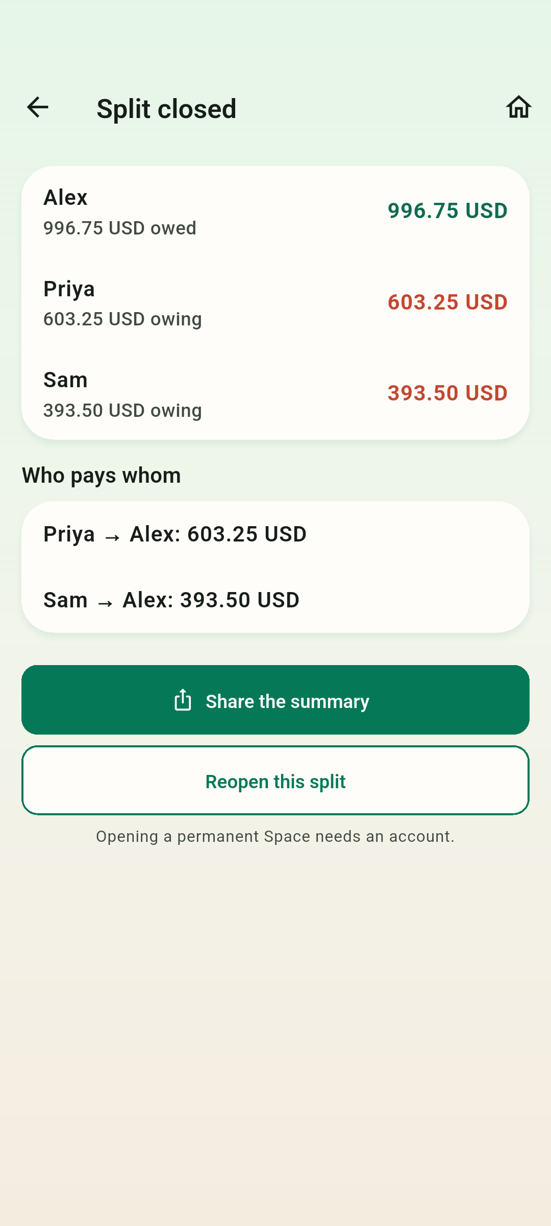 A clear way to settle up — Close the split and Sharefold calculates who should pay whom. The money still moves outside the app.