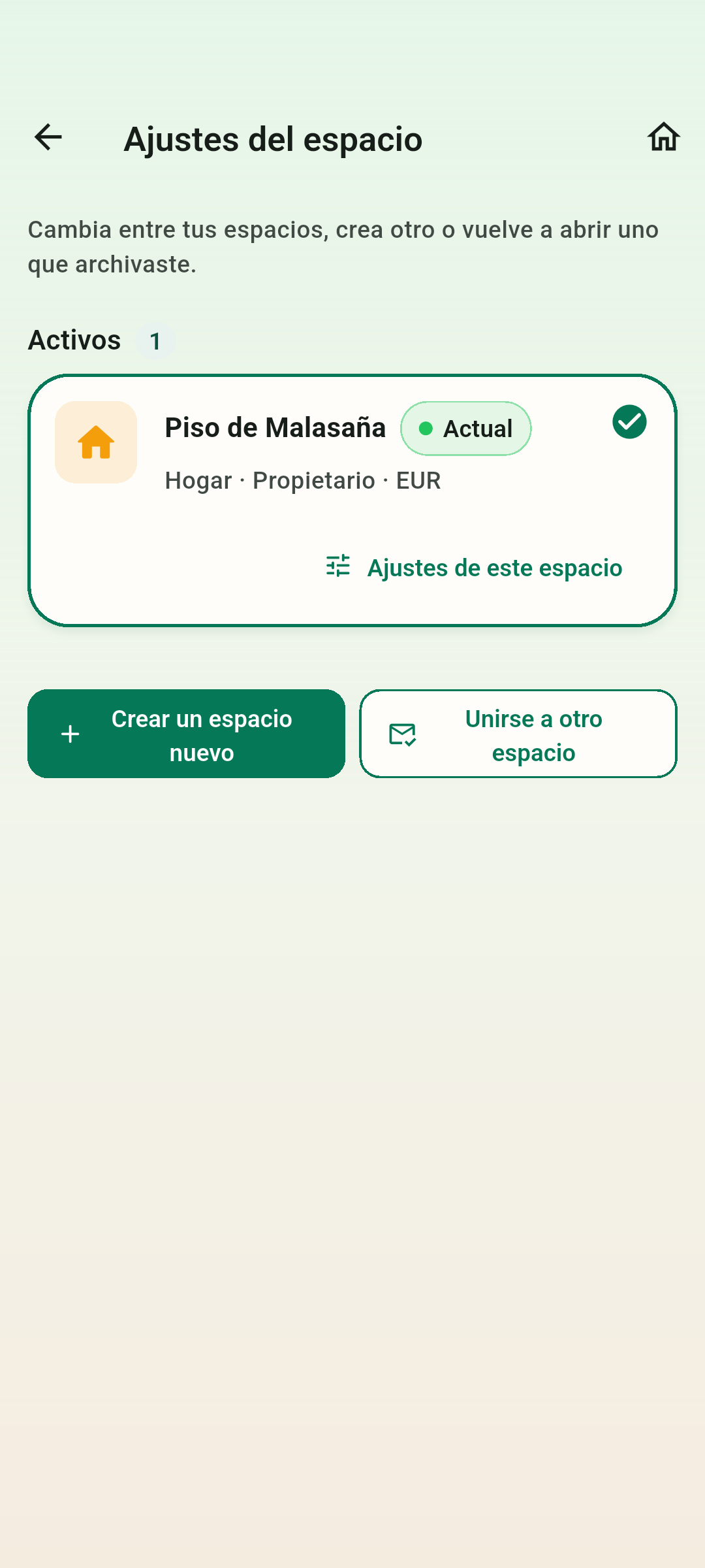 Un espacio por grupo — Cambia entre tus espacios, crea otro o recupera uno archivado.