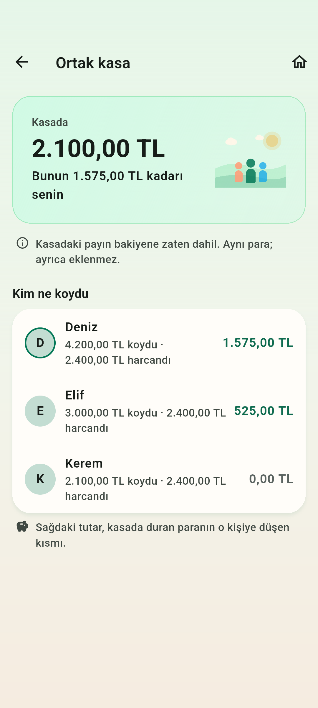 Ortak kasa — Kasadaki toplam tutarı, herkesin katkısını ve kendi payınızı görün.