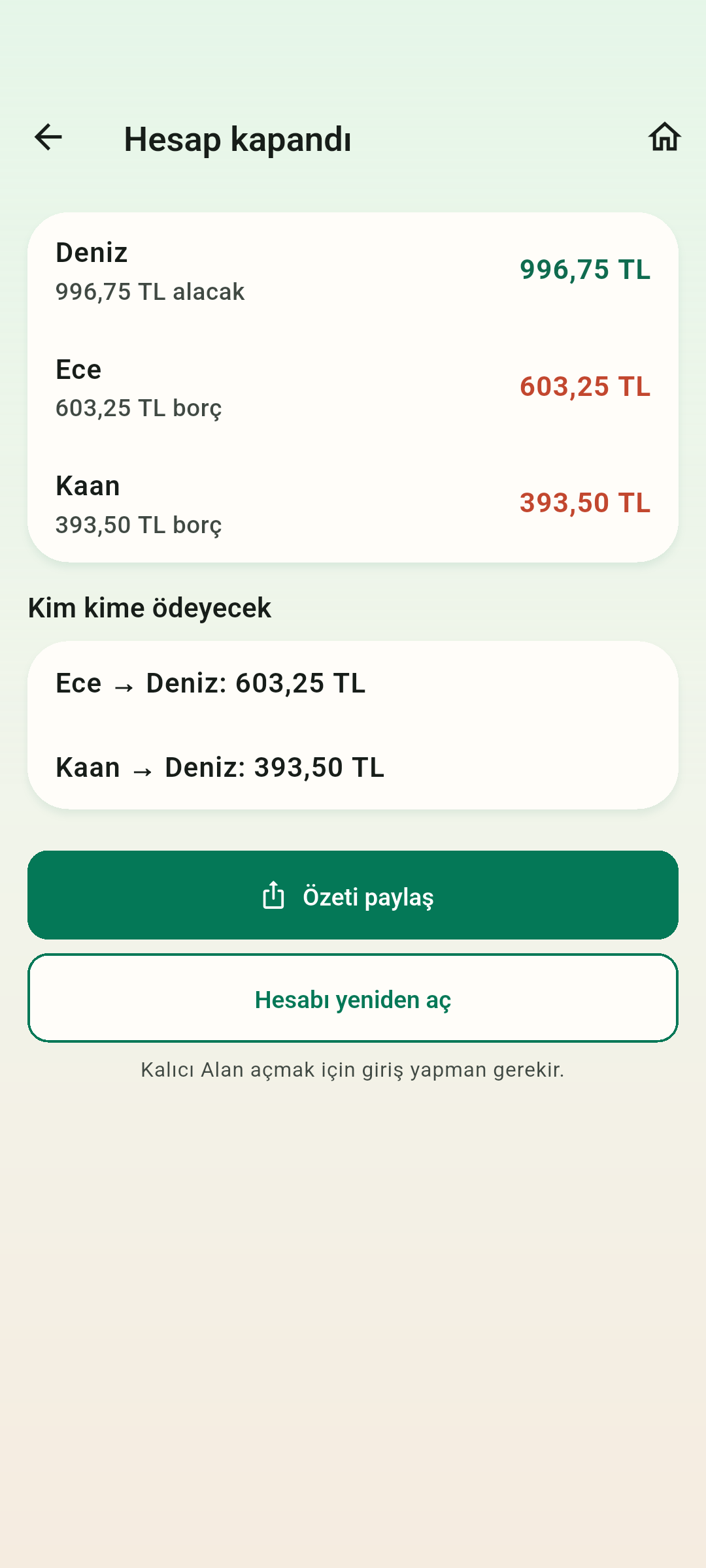 Hesabın sonucunu netleştirin — Bölüşmeyi tamamladığınızda Sharefold, kimin kime ne kadar ödemesi gerektiğini hesaplar. Para transferi uygulama dışında yapılır.